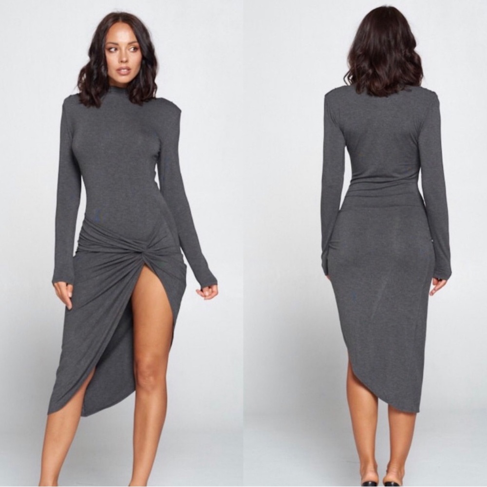 WinWin Womens Dress Size Small Gray High Spilt Bodycon Mock Neck